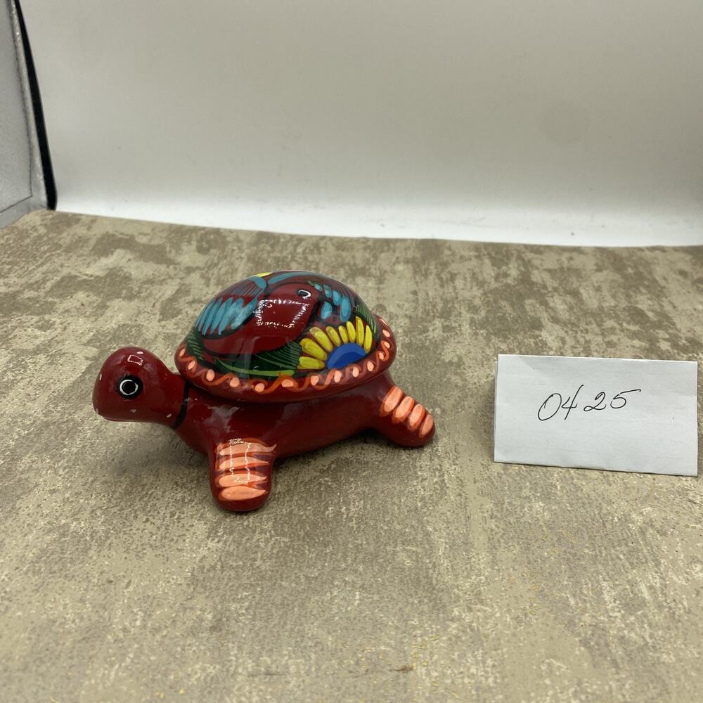 Hand Painted, Red Turtle Terracotta Trinket Box From Mexico~Bird Scene. 5”